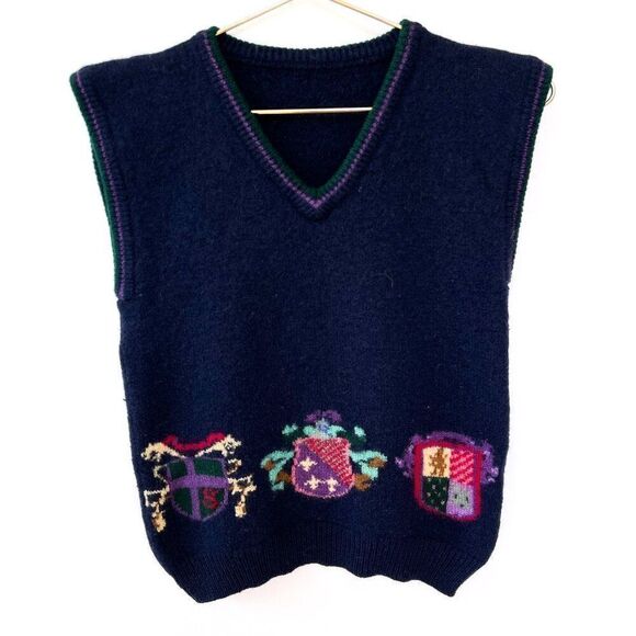 Vintage Wool Navy Blue Crest Wool Sweater Vest - Picture 1 of 7